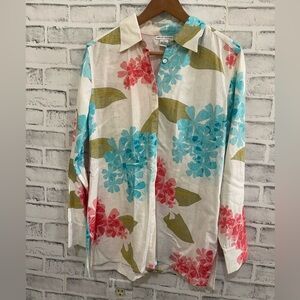 Women’s Caroline Kendrick white linen blend button down w/pink & blue flowers M